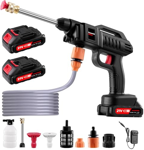 Limpiador de alta presión con batería, 21 V, portátil, inalámbrico, limpiador a presión, batería de 3000 W, con boquilla y manguera de 5 m, adecuado para coches, ventanas y césped