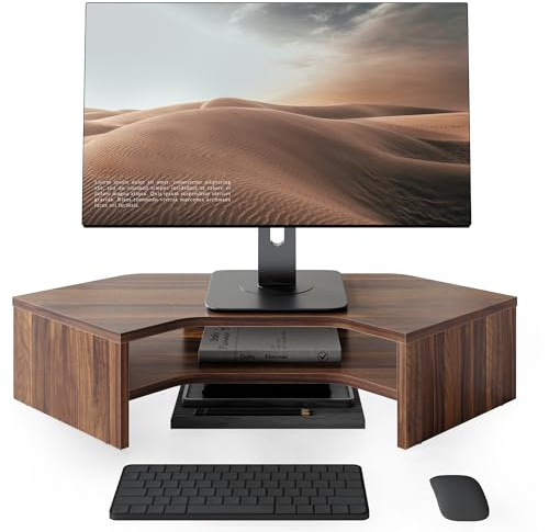 Fenge Monitorständer, L-förmig für Ecken Laptop PC, Monitor Stand, Braun | Bis 25kg, 2-Stufig, Rutschfeste Füße, Kabel-Mgmt. Organizer, Für TV Bildschirm Computer Drucker Schreibtisch Büro Zuhause