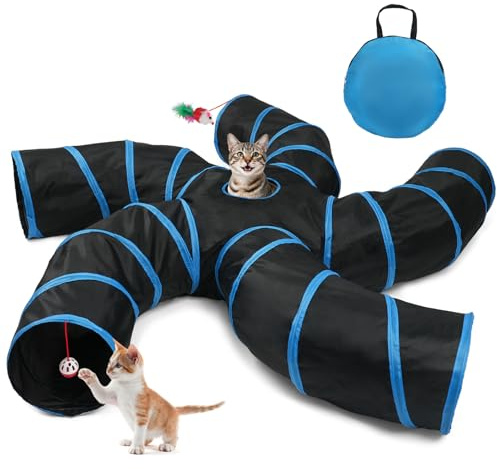 Joytale 5-Way Cat Tunnels for Indoor Cats, Pet Tube Toy with Bell Ball and Toy Mouse, S-Shape Collapsible Tunnel with Interactive Hole for Kitty, Kitten, Rabbit, Puppy (Blue&Black)