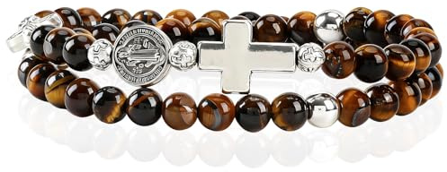 SHIEAGLELD Pulsera Ojo de Tigre Hombre, Pulsera Rosario Rosa Católicos con Cruz y Medalla de San Benito, Pulseras Hematita Natural Regalo Espiritual para Papá, Esposo y Chico, Marrón