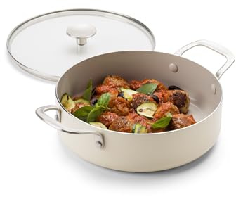 KitchenAid Aluminium Ceramic Non-Stick Sauté Pan with Glass Lid and Auxiliary Handle, 28 cm / 4.28 L, PFAS-Free, Induction Safe, Stainless Steel Handle, Oven Safe, Dishwasher Safe, Cream White