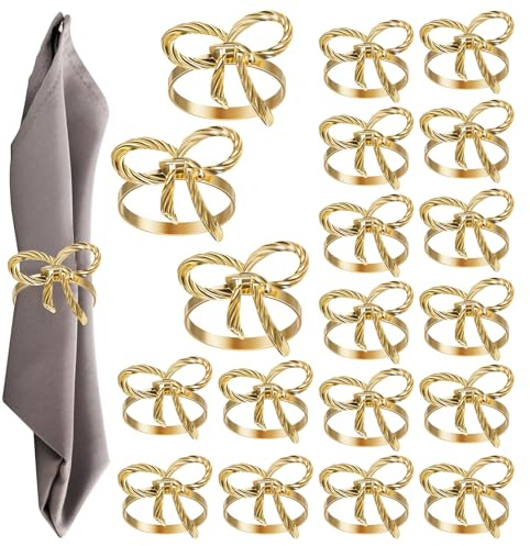 20 Stück Serviettenringe Gold 3D-Goldschleife Napkin Rings Wiederverwendbar Serviettenringe Schleife für Weihnachten Hochzeiten Jubiläen Familienessen Tischdekoration