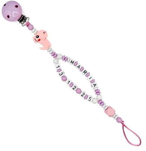 Nuckelkette mit Doppelnamen Geburtsdatum  DINOSAURIER  Rosa Babyrosa Weiß/Baby/Unisex/Personalisiert/HANDMADE