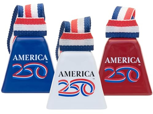 Bevin Bells Long Distance Cow Bells 10LD - America’s 250th Anniversary | Steel Cowbells in Red, White & Blue w/Tricolor Strap | Loud Noise Makers | Christmas Bells | Easier to Hold | Made in CT, USA