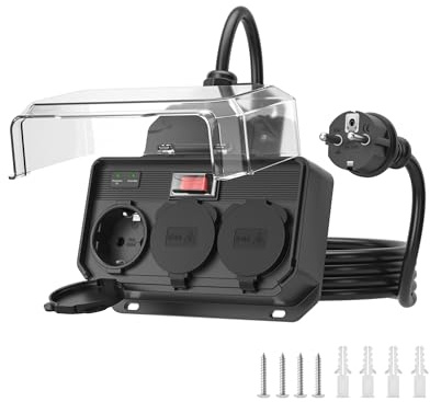 Outdoor Steckdosenleiste mit Überspannungsschutz,3-Fach Mehrfachsteckdose Außen,IP44 Spritzwassergeschützt Mehrfachstecker,Wandmontage Außensteckdose,Gartensteckdosen Wasserdicht,1.5M Kabel,Schwarz