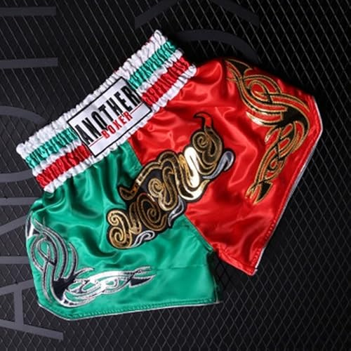 Pantaloncini da combattimento leggeri per MMA, per bambini e adulti, comodi pantaloni stampati per kickboxing per allenamento (XS rosso e verde)