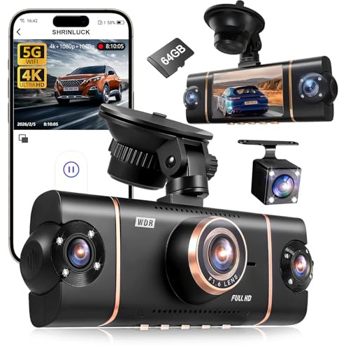 4 Kanal Dashcam Auto Vorne Hinten 4K/1080P,360° Dasch-Cam Auto mit 64GB SD-Karte,4X 140° Weitwinkel,WDR Nachtsicht (8 IR-LEDs),G-Sensor,Dashcam mit parküberwachung,Loop-Aufnahme,WiFi App