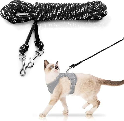 Extra lange Katzenleine für den Garten, 15 m, leichte Outdoor-Katzenleine, lange leichte Verlängerung, lange, dünne Leine für Kaninchen, Kätzchen, Welpen und Kleintiere, schwarz-Xian