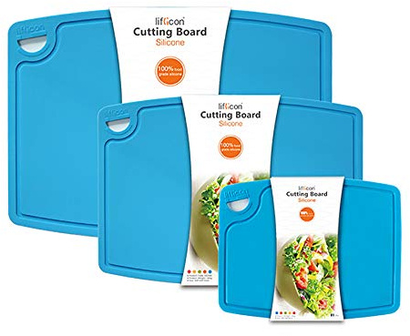 Liflicon Silicone Thick Cutting Boards Mats Set of 3pcs Foldable & Flexible Design Juice Grooves Easy Grip Handle Dishwasher Safe for Kitchen,BPA free Chif-Blue