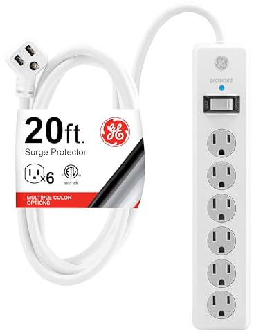 GE Surge Protector Power Strip, 20 Ft Extension Cord, 6 Outlet Extender, 800 Joules, Flat Plug, Twist-to-Close Safety Covers, ETL Listed, White, 50770