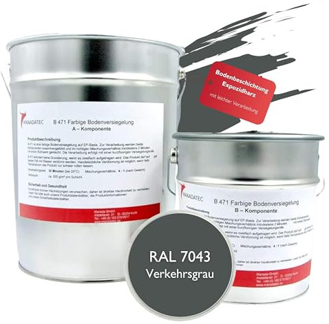 MANADETEC Resina epossidica 2k per rivestimento pavimenti 5kg I Grigio traffico RAL 7043 I Senza solventi, ecologico, inodore I Rivestimento per pavimenti di garage e cantine I Antiurto