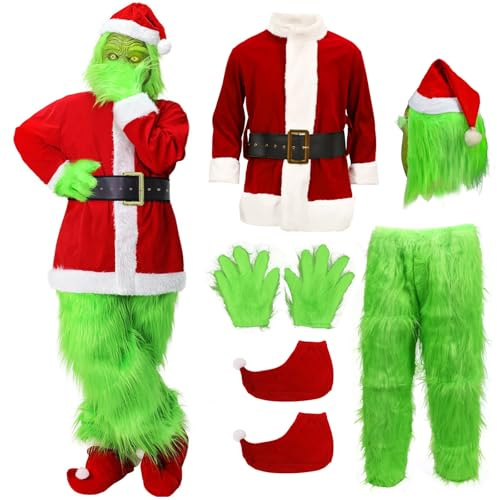 SINSEN 7PCS Natale Verde Grande Mostro Costume Adulto Cosplay Costume Lusso Babbo Natale Abiti Abiti