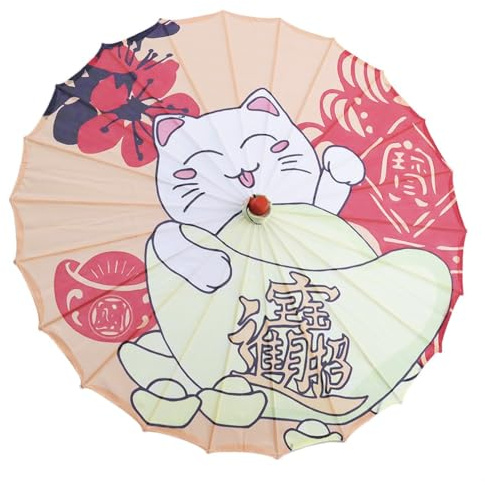 lachineuse – Japanischer Regenschirm – Maneki-Neko-Muster – Japanische Glückskatze – Dekorativer Regenschirm aus Holz und Stoff – Höhe 50 cm – Ø 70 cm – Japanische Geschenkidee
