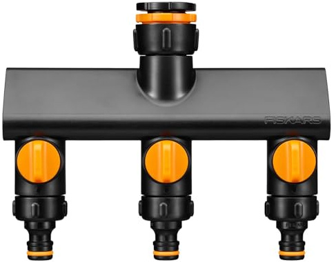 Fiskars Nez de Robinet 3 Sorties à filetage, avec Interrupteurs on/off, pour 3 Tailles de Filetage Ø 21 mm (1/2), Ø 26,5 mm (3/4) et Ø 33,3 mm (1), Comfort, Noir/Orange, 1070578