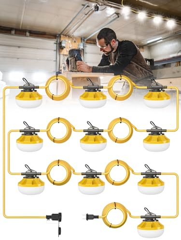 HYPERLITE Construction String Lights: 100FT 10 Bulbs String Work Lights with Climbing Hooks - IP65 Waterproof Linkable LED Construction String Lights for Job Site Attic Renovation Crawlspace Lighting