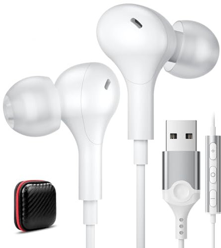 Cuffie USB per Computer 2,5 M, PC Gaming con Microfono, Controllo del Volume, Stereo HiFi In Ear Magnetiche per Computer/Mac/Laptop/Chromebook, Bianco