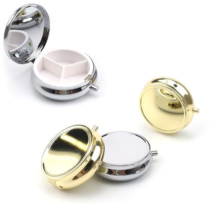 HJIAMA Tablettenbox Klein, 4 Stück, je Zwei in Gold und Silber, Pillenbox Klein, Modisch und Tragbar, mit Spiegel Innen, Pillendose Metall, Alltags und Reisetauglich