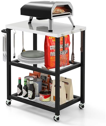 GYMAX Carrello di servizio a 3 livelli, credenza da cucina in metallo con piano d'appoggio in acciaio inox, 2 ripiani, 9 ganci, tavolo da barbecue con rotelle e maniglia, per giardino e cortile