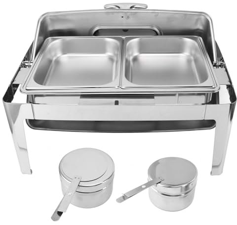 9L Rectangular Roll Top Chafing Dish Buffet Set, Catering Food Warmer for Parties, Wedding, Birthday, Christmas (2 Compartments Silver)