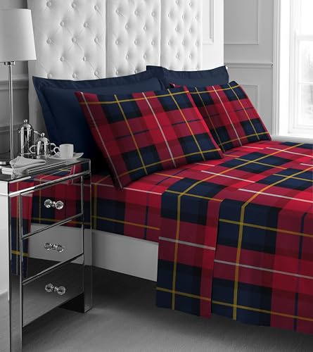 GC GAVENO CAVAILIA Red Check Flannel Sheet Set | Thermal Warm Brushed Cotton Bedding Flannelette Sheets King Size | 4Piece Bed Sheet Set Include (Brushed Cotton Flat Sheet, Fitted Sheets & Pillowcases