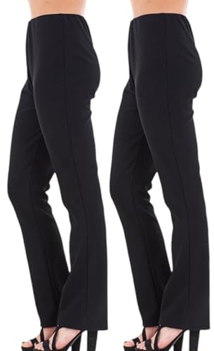 Crazy Fashion Pack of 2 Ribbed Work Trousers for Women UK - Finely Soft Stretch Pull On Ladies Pants Bootleg Casual Full Elasticated Waist Black Navy Bottoms (Black,10)