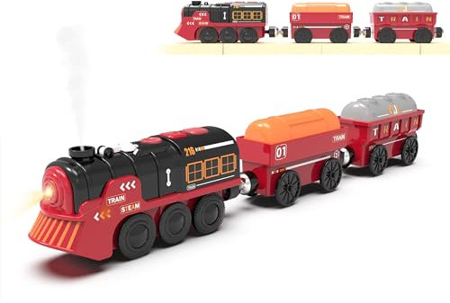 Toy Train Electric Train Set for Wooden Tracks, Christmas Motorized Trains Toys for Toddlers, Battery Operated Trains Includes Lights, Sounds, Smoke, Steam Train Compatible with Thomas, Brio