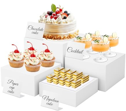 THMINS 4 elevadores de buffet blancos con mini carteles, elevadores de alimentos acrílicos para mesa de buffet, soporte de exhibición para postres, joyas, espectáculos de figuras, base de exhibición