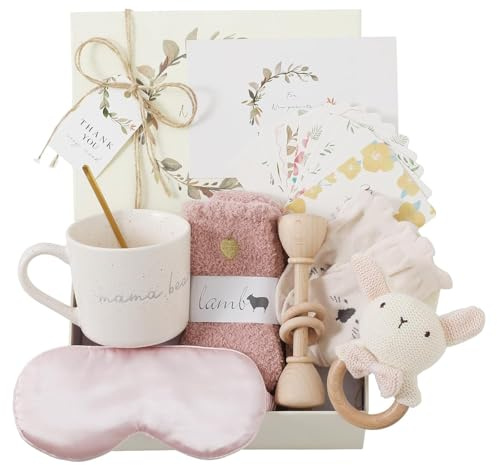 WOODEN TEETHER 9-delad babygåva för flickor och pojkar, personligt set för mödrar med mammakort, ögonmask, dryckeskopp, gratulationskort, strumpor, babyskallra, blöjtårta presentförpackning (kanin