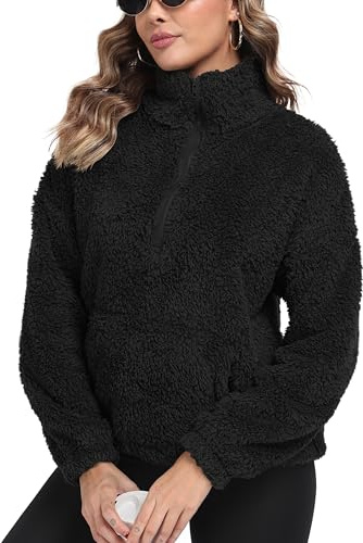 IWOLLENCE Womens Fleece Sweatshirts Sherpa Teddy Fleece Jumper Half Zip Borg Fleece Women Winter Clothes with Kangaroo Pocket Casual Warm Jacket (Black, M)