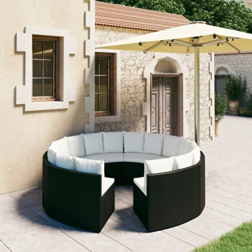 Teenpull Ensemble de 8 meubles de jardin en polyrotin noir avec coussins, forme éventail, pour terrasse, balcon et extérieur