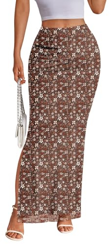 Trendy Queen Floral Long Skirts for Women Trendy Mesh Y2k Skirt Bodycon Dress Vacation Outfits Summer Clothes 2026 Brown Floral S