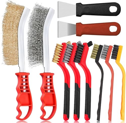 XiaoLidm 10 Pcs Wire Brushes for Cleaning, Big and Small Wire Brush, Hand Wire Brush, Brass Wire Brush for Cleaning Rust, Paint and Welding Slag, Cleaning Brush Set With 2 Scrapers, 3 Sizes Of Brush