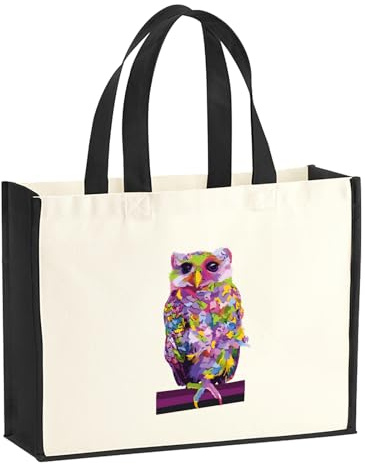 Huuraa Jutetasche Eule Colorful 21 Liter Black Jute und Baumwolle Einkaufstasche Geschenkidee