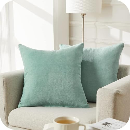Topfinel Kissenbezug 45x45 cm Mintgrün 2er Set Flauschig Chenille Deko Wohnzimmer Kissenbezüge Kissenhülle Sofakissen Dekokissen Kuschelkissen Zierkissen Für Sofa Bett Garten Balkon Kinderzimmer