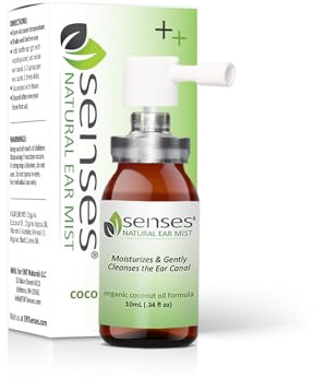 SENSES Natural Ear Drops - Physician Formulated Soothing, Organic Coconut Oil for Irritated Ears - Use for Cleansing, Moisturizing, Relief from Allergies, Hearing Aids, and Ear Wax, 0.34 Fl Oz