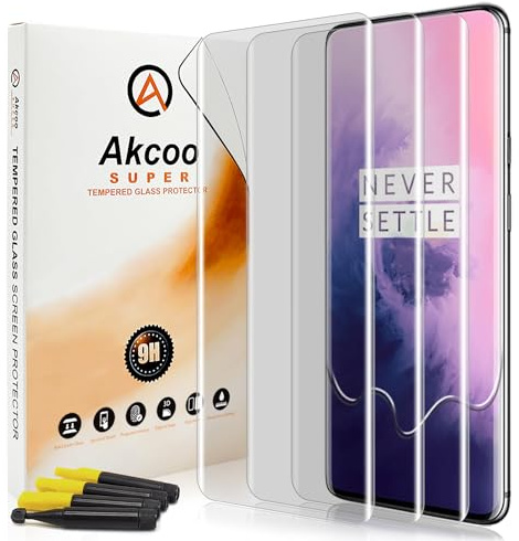 Akcoo Protector de Pantalla para OnePlus 7/7T Pro,3 Piezas Cristal Templado,Protección total de borde a borde,Reparación de Rayones,Compatible con Huella Digital,Toque Sensible
