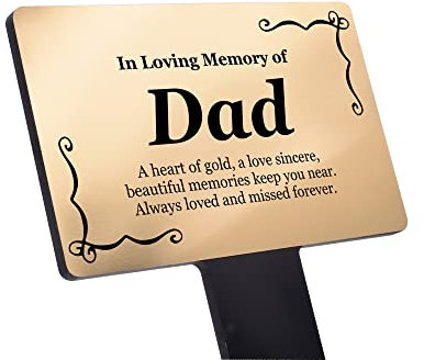 Gold Dad Memorial Stake – Garden Remembrance Grave Marker with Engraved Solid Aluminium Plaque (140×90 mm) on 5 mm Black Acrylic Stake – Weatherproof Outdoor Tribute – Overall 230×140 mm