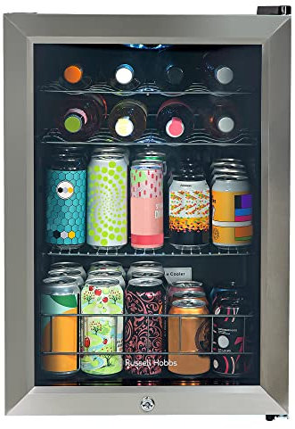 Russell Hobbs Mini Fridge 20 Bottle/62L Lockable Freestanding Stainless Steel Table Top Mini Beer & Wine Fridge, LED Light & Lock and Key with Glass Door RHGWC4SS-LCK