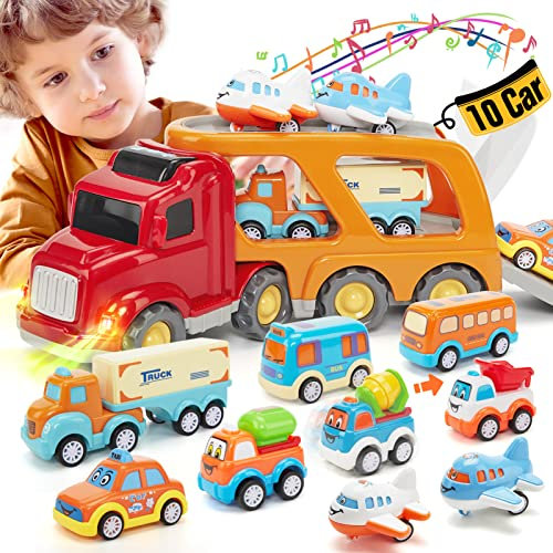 hahaland Auto Spielzeug ab 2 3 4 5 Jahre, LKW Spielzeug mit Licht und Musik, 10 in 1 Cars Transporter Set Kinderspielzeug, Spielzeugauto Geschenk für Kinder ab 2 3 4 5 Jahre Junge Mädchen