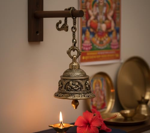 ESPLANADE - Etnisk mässing Ganesha Ganesh tempel klocka med kedja | hängande klocka i mässing | heminredning | Pooja-tillbehör