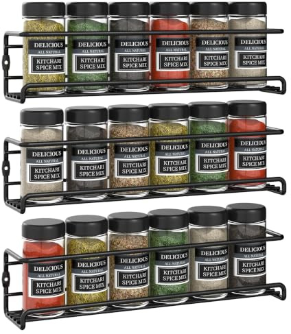 Vinsani 1/2/3/4/5/6 Tier Spice Racks Organiser - 3 Tier Flexible Herb Spices Condiments Jar Wall Mounted Hanging Storage with Adhesive Stickers & Screws For Pantry Kitchen Walls (Black)