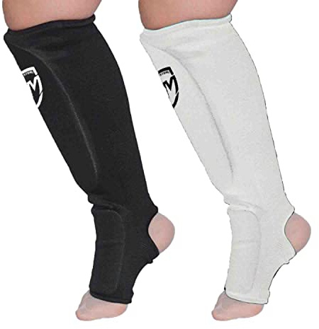 RingMaster Elastic Shin Instep Pads Leg Foot Guard Kickboxing Karate MMA Thai Martial Arts Training (Pair) (Large, Black)