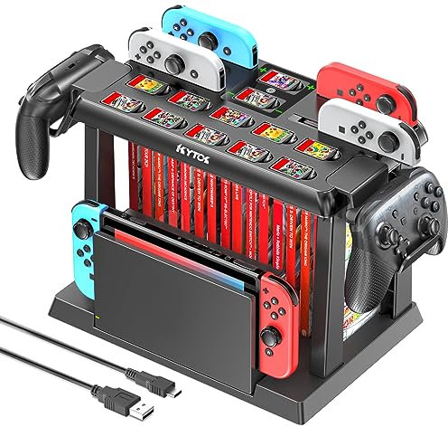 Kytok Switch Spiele Aufbewahrung mit Switch Controller Ladestation, Switch Ladestation für Switch/OLED Joycons, Switch Aufbewahrung für Switch Spiele, TV-Dock, Pro-Controller, Switch Zubehör