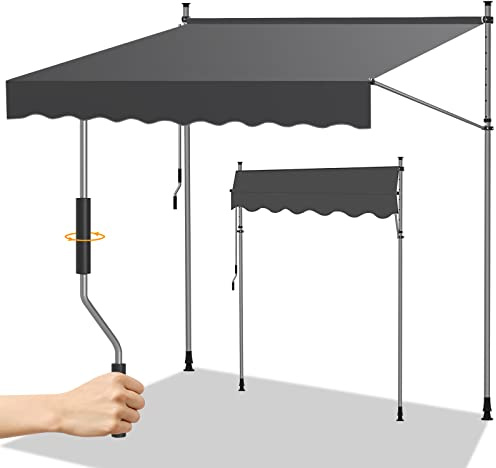 Randaco Klemmmarkise ohne Bohren, UV-beständig Einziehbar Klemmmarkise mit Handkurbel Höhenverstellbar, Sonnenschutz wasserdich, Terrassenüberdachung, Einfache Montage 200x120cm Grau