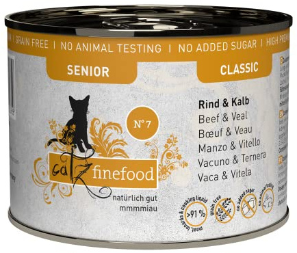 catz finefood Senior N°07 Manzo e vitello cibo umido per gatti – cibo umido di alta qualità per il vostro gatto anziano – senza cereali, senza zucchero, alto contenuto di carne, vitamine e minerali (6