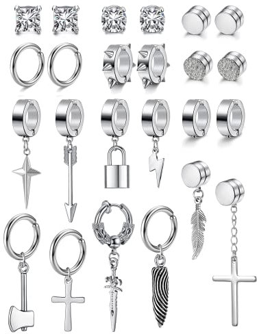 Diamday 24 Pcs Edelstahl Fake Ohrringe Clip auf Ohrringe für Männer Kreuz Kette baumeln Ohrringe nicht durchbohrt Huggie Hoop Ohrringe schwarz Ohrringe für Männer Frauen Silber