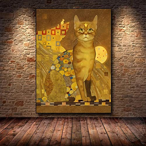 Gustav Klimt Katze Kunst Leinwand Gemälde Abstrakt Retro Tier Haustier Golden Schwarz gerahmtes Bild Druck Dekor für Wohnzimmer 28x47inch/70x120cm mit schwarzem Rahmen