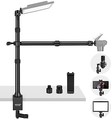 NEEWER TL253A+DS001 Table Camera Tripod with 2 Telescopic Arms, Phone Holder, Ball Heads, Screw Adapter, Table Light Stand for Camera, Mobile Phone, Webcam, Ring Light