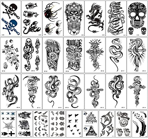 Temporäre Tattoos-Aufkleber, 30 Blatt, schwarze temporäre Tattoo-Aufkleber, 3D-realistische Tattoo-Aufkleber für Erwachsene, Frauen, Männer, Kinder, wasserdichte und langlebige Körper-Tattoos