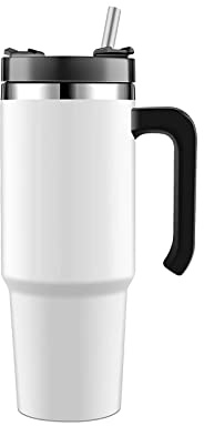 Trinkbecher mit Strohhalm, Deckel und Griff, 890 ml, Edelstahl, Kaffee, Reise, Isolierbecher, auslaufsicher, vakuumisolierte Wasserflasche für heiße Eisgetränke, hohe Kapazität (weiß/850) 5 g)